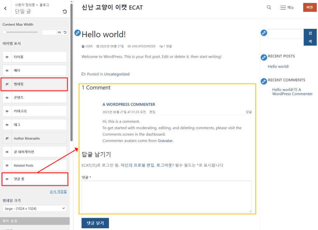 Customify 단일 글 설정