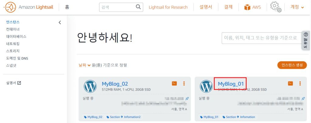 AWS 라이트세일 - 인스턴스 접속