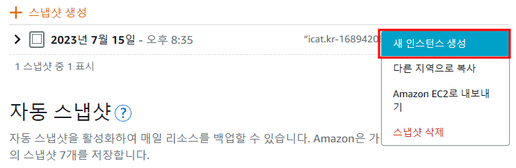 AWS 라이트세일 - 스냅샷 > 새 인스턴스 생성